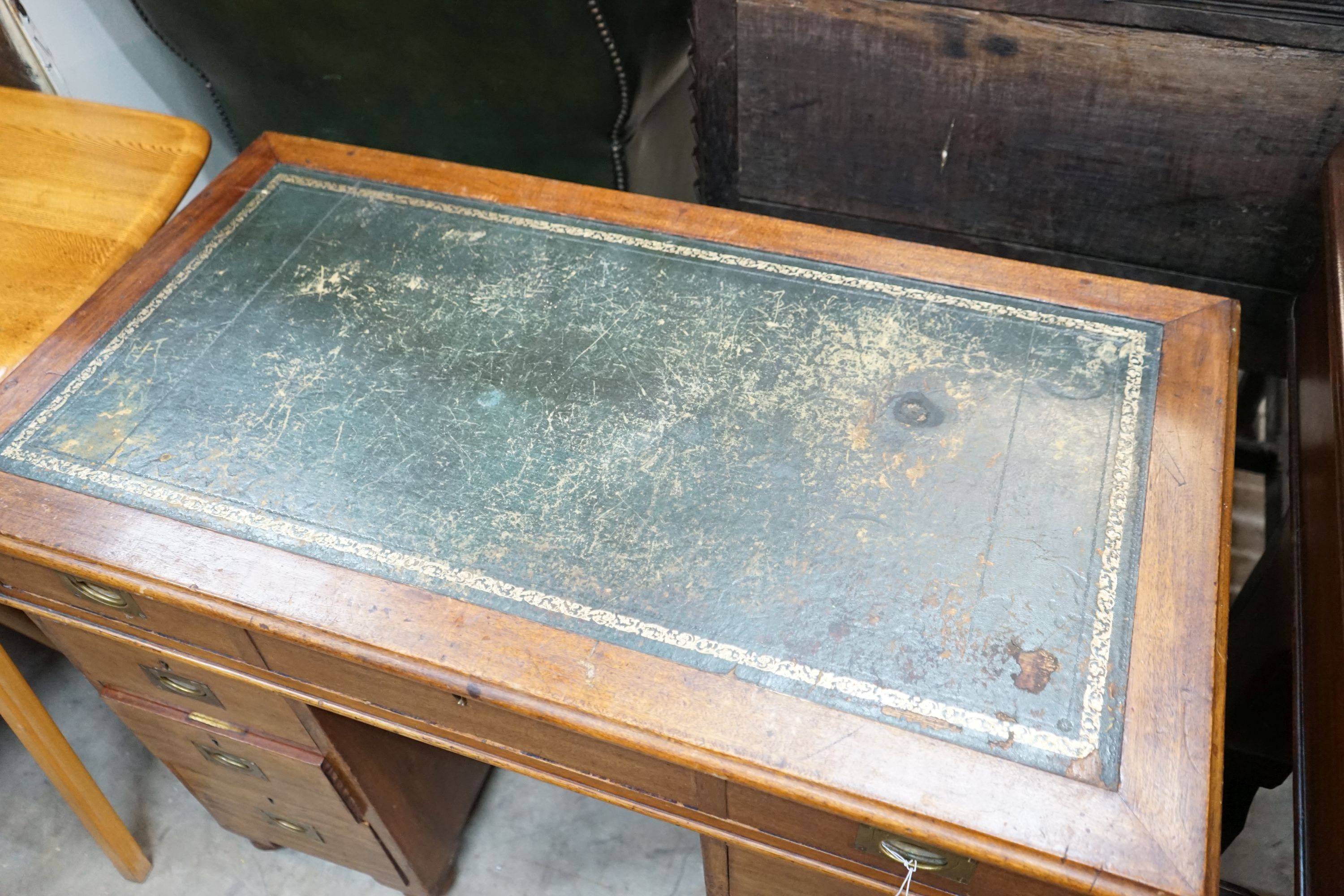 A Victorian mahogany military style pedestal desk with brass recessed handles, width 102cm, depth 56cm, height 78cm